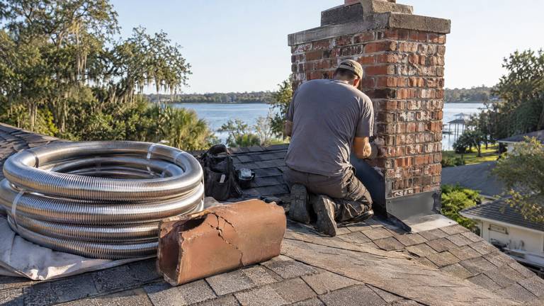 A cracked clay flue tile and a coil of stainless steel liner on a roof beside a brick chimney.