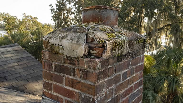 A cracked, crumbling concrete chimney crown with moss and broken pieces at the corner.