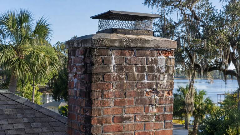 White efflorescence streaks and water-darkened brick below the crown of a brick chimney.