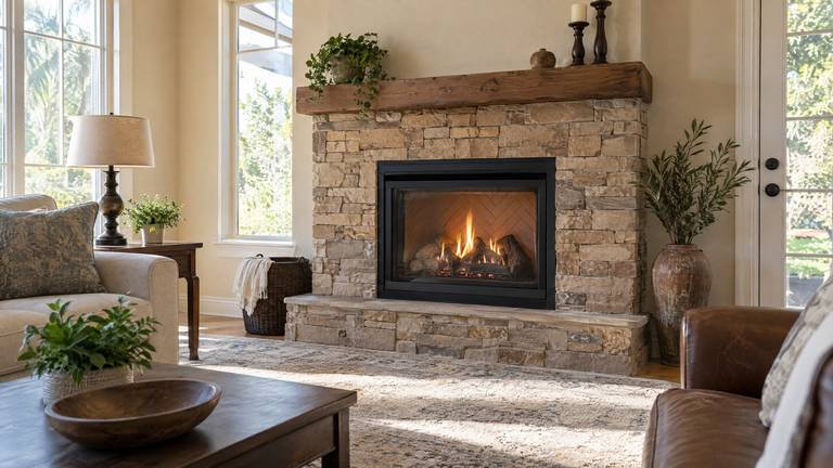 A glass-front gas fireplace with a tan stacked stone surround and a wood beam mantel.