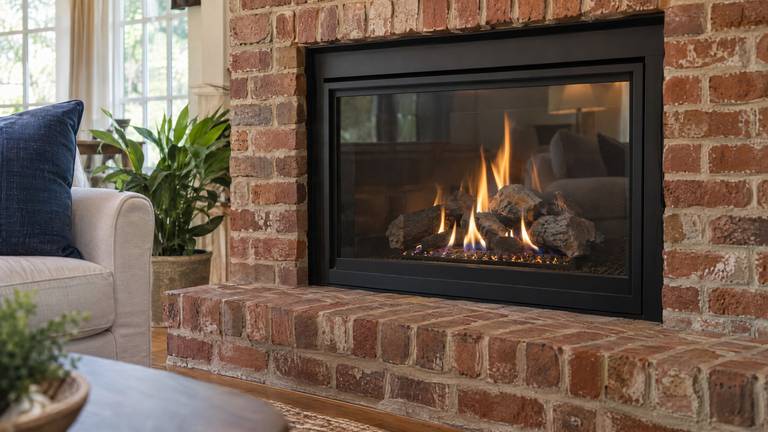 Flames behind the glass of a gas fireplace insert set in old red brick.
