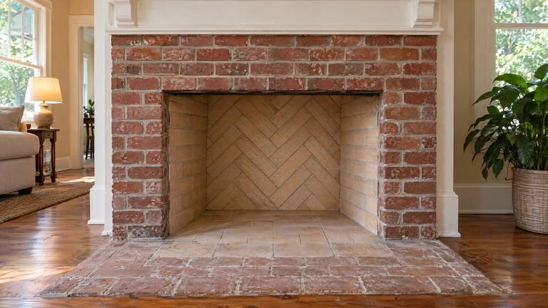 A rebuilt firebox with buff firebrick in a herringbone pattern on the back wall and straight courses on the sides.