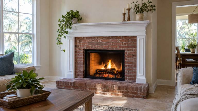 A wood-burning fireplace with a red brick surround, a raised brick hearth and a white painted mantel.