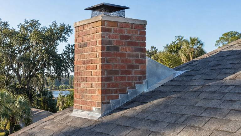 A brick chimney on a shingle roof with a new sheet-metal cricket and stepped metal flashing.