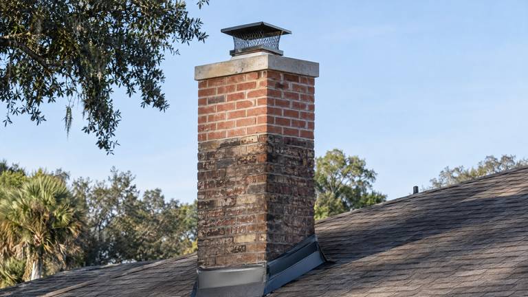 A brick chimney with a freshly rebuilt top section in new brick above older weathered brick.