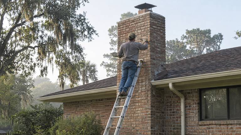 A worker on a ladder repoints the mortar joints of a tall exterior brick chimney on a brick ranch home.