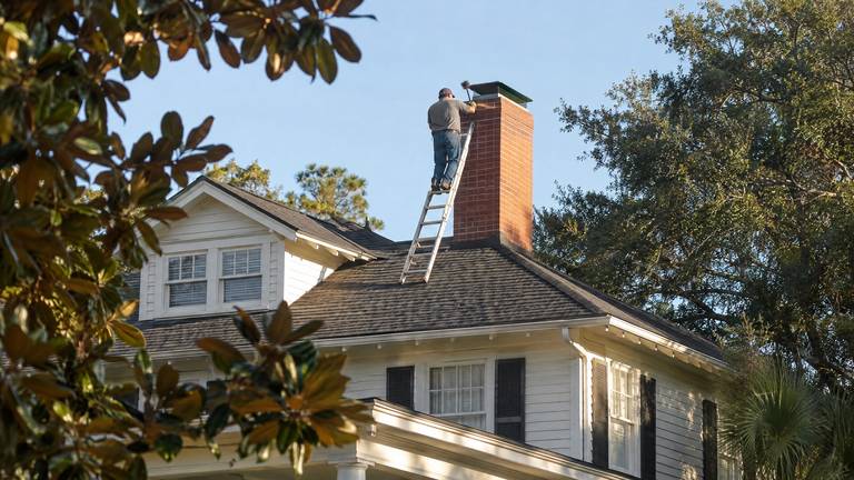A worker on a ladder at the top of a tall red brick chimney on an older two-story house.