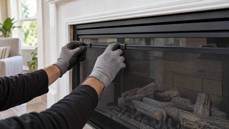 Gloved hands attach a black mesh safety screen over the glass front of a gas fireplace.