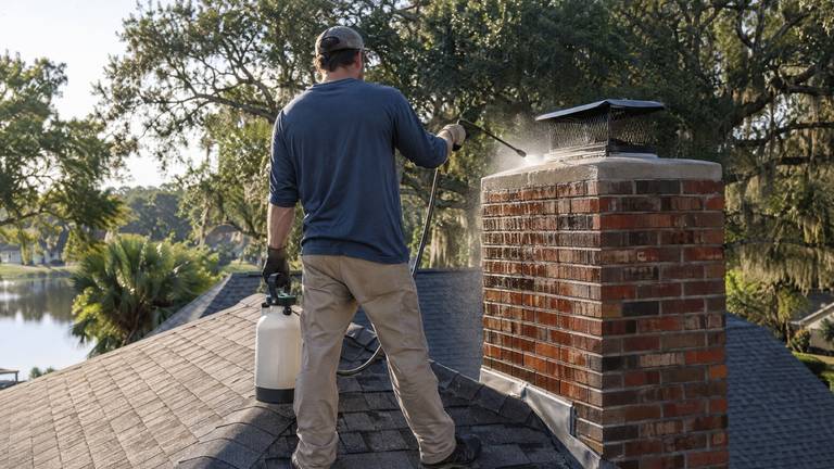 A worker sprays clear water repellent onto a brick chimney from a pump sprayer, the mist lit by morning sun.